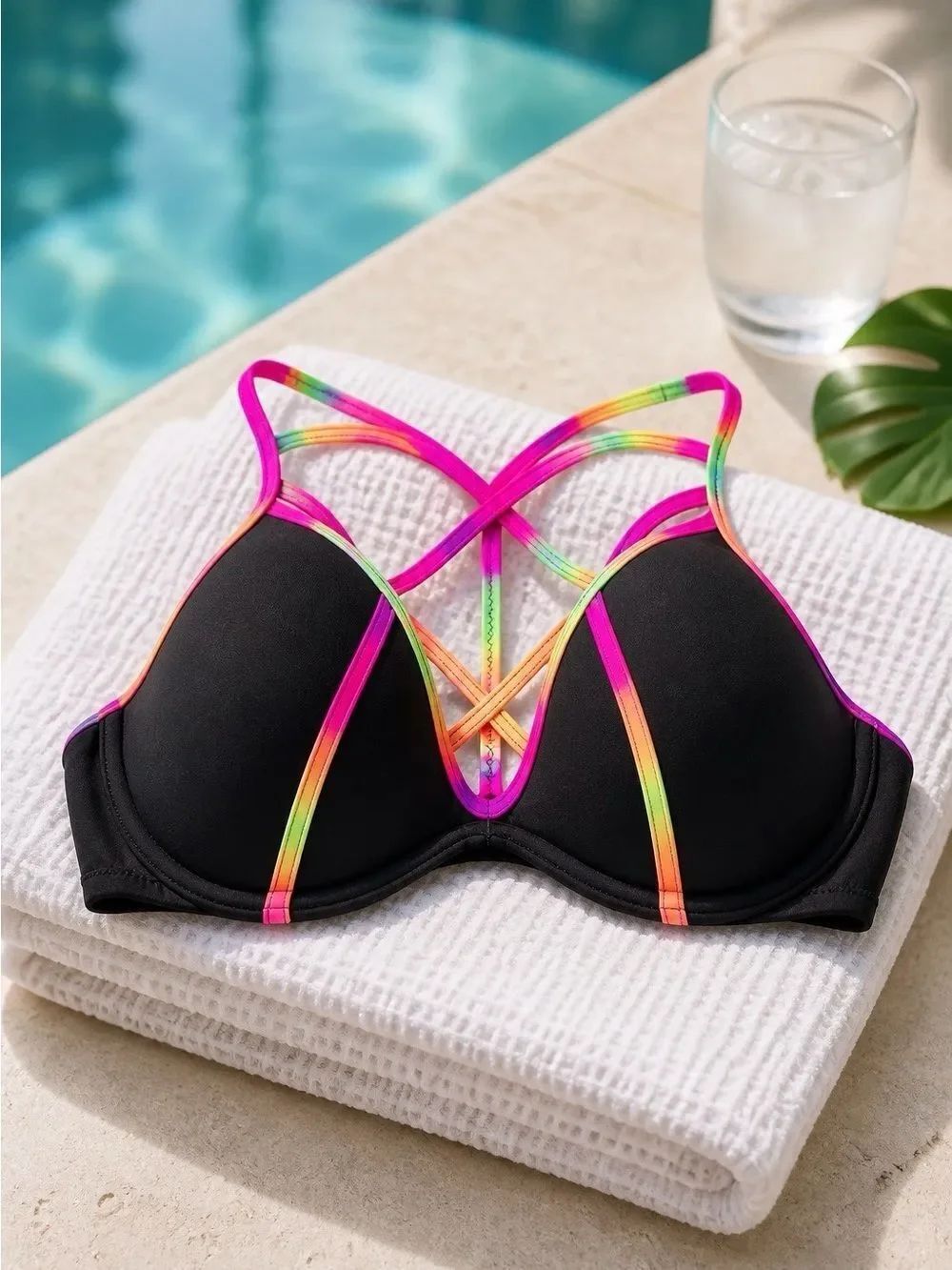BLACK WITH FLORESCENT TRIM PINK by VS SWIM TOP XS